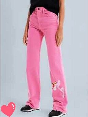 🆕️ Desigual Pink Panther Wide-Leg High Rise Women's 100% Cotton Jeans Size 42